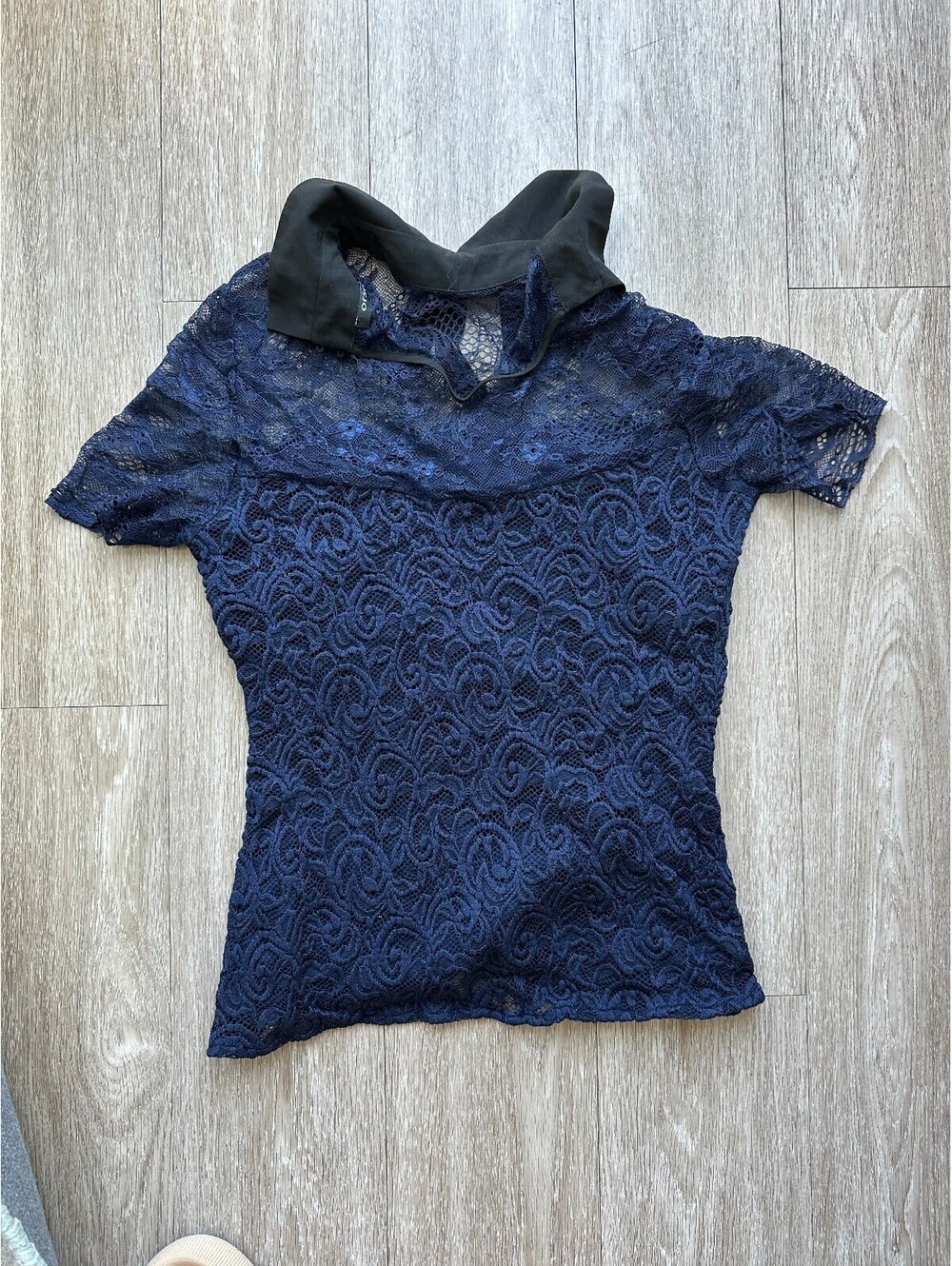 Express Women's navy lace short sleeve collared top